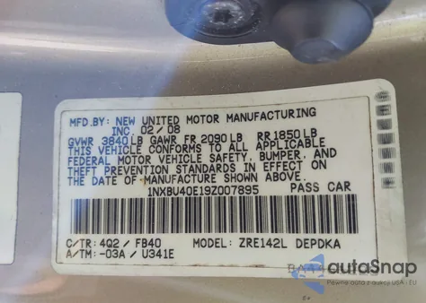 2009 Toyota Corolla from USA, damaged, VIN 1NXBU40E19Z007895
